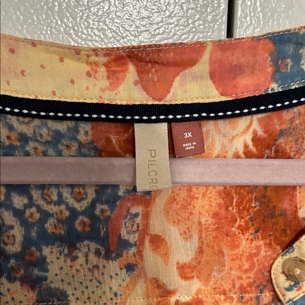 Anthropologie Sheer Patchwork Floral Button-Front Blouse - Cream, Blue & Rust - Picture 2 of 3